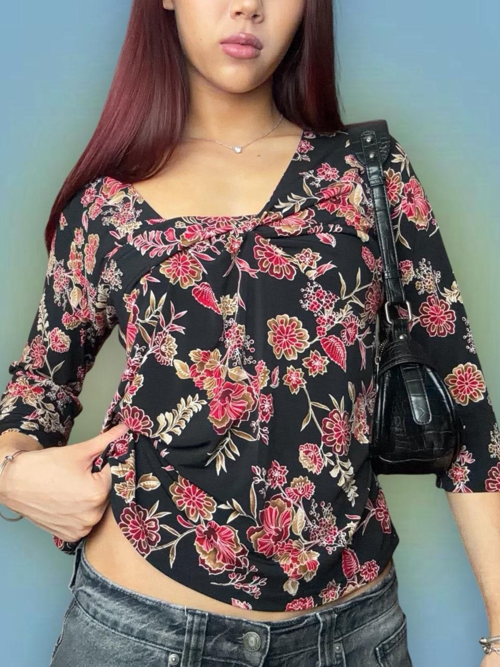 Floral V-Neck Black Top with Pink & Cream Print